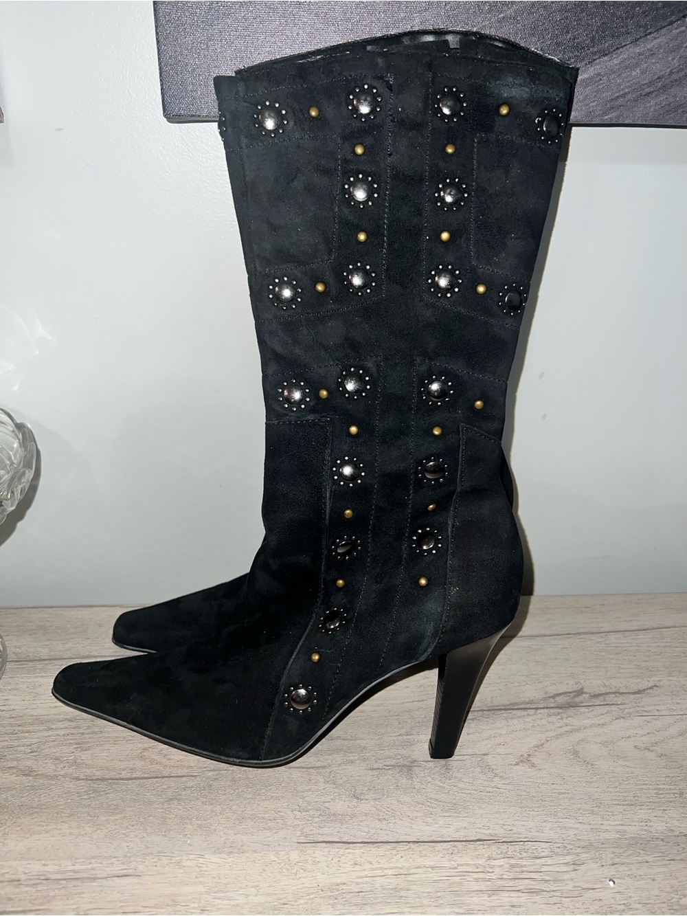 ANTONIO MELANI Black Studded Suede Mid-Calf Heeled Boots